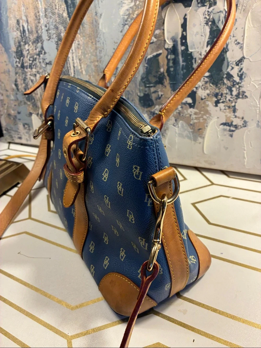 EUC Vintage Dooney and Bourke Blue Monogram Satchel with Tan Trim
